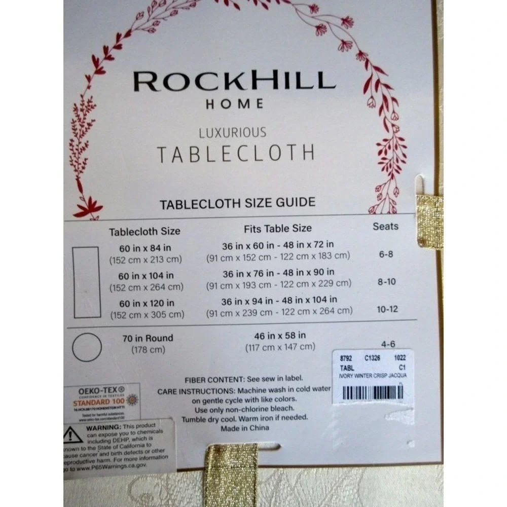 NWT‎ Rockhill Home Luxurious Tablecloth 60x120 Linen Poinsettias Holly Berries